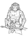 3:4 anthro armor black_and_white clothed clothing felid fur hair hi_res lion looking_at_viewer male mammal monochrome pantherine pen_(artwork) simple_background skitalets solo traditional_media_(artwork) weapon white_background