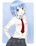  :d bad_id bad_pixiv_id blue_background blue_eyes blue_hair bra buttons highres looking_at_viewer mahou_shoujo_madoka_magica miki_sayaka necktie open_mouth pink_bra pleated_skirt rain ri_04xx see-through shirt skirt sleeves_rolled_up smile solo standing underwear wet wet_clothes white_shirt 