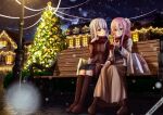  2girls absurdres bag blue_eyes boots christmas christmas_lights christmas_tree highres holding_hands jacket kankake_kann_kake knee_boots long_hair long_skirt looking_at_another multiple_girls night night_sky on_bench one_side_up open_mouth original outdoors pink_hair red_eyes scarf shared_clothes shared_scarf shopping_bag sitting skirt sky smile snowing white_hair yuri 