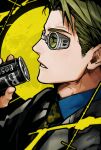  1boy animal_print blonde_hair blue_eyes blue_shirt can collared_shirt goggles grmms_otk holding holding_can jujutsu_kaisen leopard_print looking_at_viewer lower_teeth_only male_focus nanami_kento necktie parted_lips portrait profile shirt short_hair solo teeth yellow_necktie 