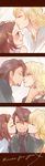  2boys bad_id bad_pixiv_id barnaby_brooks_jr blonde_hair blush braid brown_eyes brown_hair cheek_kiss comic double_cheek_kiss eyelashes facial_hair forehead_kiss glasses green_eyes highres imminent_kiss jewelry kaburagi_kaede kaburagi_t_kotetsu kiss multiple_boys necklace necktie noses_touching one_side_up poco24 sandwiched side_ponytail stubble tiger_&amp;_bunny vest waistcoat 