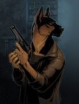 anthro canid canine clothed clothing frown fur gun handgun hi_res holding_gun holding_object holding_weapon jacket leather leather_clothing leather_jacket leather_topwear looking_away male mammal pistol ranged_weapon shirt skitalets solo topwear weapon