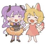  2girls ahoge animal_ears arm_at_side barefoot bat_hair_ornament black_shirt black_skirt blonde_hair blush_stickers bow bowtie chibi demon_tail dress earrings fang full_body hair_ornament high_heels holding_hands jewelry komachi_(koma_106) mahou_shoujo_minky_pinky midriff multiple_girls napoli_no_otokotachi no_sclera open_mouth orange_bracelet orange_skirt outstretched_arms pantyhose pele_(napoli_no_otokotachi) pink_dress print_skirt purple_bow purple_bowtie purple_eyes purple_hair shirt skin_fang skirt sleeveless sleeveless_dress smile spider_web_print spread_arms standing striped striped_pantyhose tail tareme twintails two-tone_pantyhose two-tone_skirt 