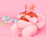 anthro belly beverage big_belly burger clothing domestic_cat eating embarrassed felid feline felis female food hair hair_bun hi_res mammal meow-77 obese obese_anthro obese_female overweight overweight_anthro overweight_female pink_body pink_hair sheila_(meow-77) soda thick_thighs wardrobe_malfunction