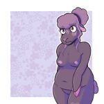 anthro blush blush_lines bovid breasts caprine chrysanthemum cloven_hooves embarrassed female fur hi_res hooved_hands hooves mammal nipples ohtim_othy overweight overweight_female pink pink_nipples purple purple_body red_eyes shaded sheep shy simple_background simple_coloring simple_shading solo solo_focus wool_(fur)