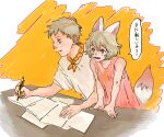  1boy 1girl absurdres animal_ears arm_support bandana bandana_around_neck blonde_hair blue_eyes closed_mouth commentary_request drawing dress fang highres holding holding_pen leaning_forward light_blush looking_at_another napoli_no_otokotachi oko_da_yo open_mouth paper pele_(napoli_no_otokotachi) pen pink_dress profile shirt short_hair short_sleeves side-by-side skin_fang sleeveless sleeveless_dress speech_bubble sugiru_(napoli_no_otokotachi) tail translation_request upper_body white_shirt yellow_bandana 
