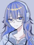  1girl absurdres ado_(utaite) blue_background blue_eyes blue_hair blue_hoodie closed_mouth collarbone commentary_request headphones highres hood hoodie kokoro_to_iu_na_no_fukakai looking_at_viewer semi-rimless_eyewear simple_background solo tsukuno_tsuki twitter_username under-rim_eyewear upper_body utaite 