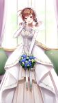  1girl blue_flower blush bouquet braid bridal_veil brown_eyes brown_hair choker collarbone doukyuusei_2 doukyuusei_another_world dress elbow_gloves flower game_cg gloves holding holding_bouquet indoors layered_dress long_dress long_hair looking_at_viewer nagashima_kumiko off-shoulder_dress off_shoulder official_art open_mouth red_lips ribbon_choker solo standing twin_braids twintails veil wedding_dress white_choker white_dress white_flower white_gloves 