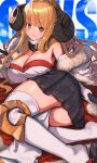  1girl absurdres ahoge anila_(granblue_fantasy) batayu blonde_hair blunt_bangs blush breasts cleavage coat detached_collar draph fur-trimmed_coat fur_collar fur_trim geta granblue_fantasy highres horns large_breasts long_hair looking_at_viewer lying ribbon_trim sheep_horns short_eyebrows smile solo thick_eyebrows thighhighs thighs very_long_hair white_thighhighs yellow_eyes 
