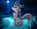 anthro areola breasts canid canine canis chaclaveloz corsac_fox detailed_background dreamworks female fox fur grey_body hi_res kung_fu_panda lake looking_at_viewer mammal multicolored_body orange_eyes piercing sky smile solo tail two_tone_body water wide_hips zhen_(kung_fu_panda)