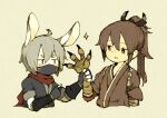  2boys ahoge animal_ears animal_hands arm_at_side black_ribbon brown_eyes brown_hair brown_kimono claws covered_mouth cropped_torso dot_nose fewer_digits fingerless_gloves gloves grey_background grey_gloves grey_hair hair_between_eyes hair_ribbon hand_up hands_up high_ponytail japanese_clothes kagari_(maniani) kimono long_hair looking_at_another male_focus maniani mask mouth_mask multiple_boys ninja_mask no_sclera original otoko_no_ko parted_lips pointing rabbit_ears red_scarf ribbon sanpaku scarf short_eyebrows short_hair simple_background sparkle thick_eyebrows v-shaped_eyebrows yasuke_(maniani) 