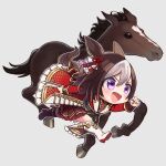  1girl animal animal_ears chibi clenched_hand coat grey_background hair_ornament horse horse_ears horse_tail long_sleeves multicolored_hair n:go open_mouth purple_eyes red_coat running simple_background special_week_(supreme_commander_of_the_rising_sun)_(umamusume) special_week_(umamusume) streaked_hair tail umamusume white_footwear 