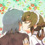  1girl ayasaki_hayate blue_hair blush brown_hair cheek_kiss closed_eyes couple folded_ponytail hayate_no_gotoku! hetero hitaishou_chiritori kiss long_hair lowres maid maid_headdress maria_(hayate_no_gotoku!) short_hair 