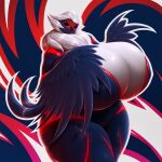 1:1 2022 abstract_background absurd_res anthro avian beak big_breasts biped bird bodysuit breasts clothing drakonst feathered_wings feathers female hair hi_res hirundinid huge_breasts hyper hyper_breasts nipple_outline oscine passerine purple_sclera ruff skinsuit smile solo swallow_(bird) thick_thighs tight_clothing white_hair wings