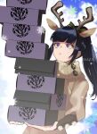  1girl :&lt; absurdres animal_ear_hairband animal_ears antlers artist_name blue_eyes blue_hair blunt_bangs bow box box_stack brown_sweater buttons christmas closed_mouth commentary_request dark_blue_hair deer_ears emblem fake_animal_ears fake_antlers green_bow hair_bow high_ponytail highres holding holding_box long_hair long_sleeves masiro mistletoe mistletoe_print narberal_gamma overlord_(maruyama) pom_pom_(clothes) ponytail red_bow reindeer_antlers sidelocks simple_background solo star_(symbol) sweatdrop sweater turtleneck turtleneck_sweater two-tone_bow upper_body wide-eyed 