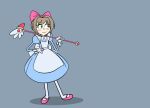  1girl animated animated_gif anna_rettberg apron blue_background blue_dress blush_stickers bow brown_hair cardcaptor_sakura commentary dress english_commentary full_body fuuin_no_tsue gloves green_eyes hair_bow holding holding_wand kinomoto_sakura looking_to_the_side mary_janes pink_bow pink_footwear shoes short_hair simple_background solo standing wand white_apron white_gloves 