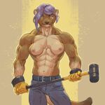 1:1 abs abstract_background anthro areola belt biped bottomwear breasts broad_shoulders clothing denim denim_bottomwear denim_clothing female fur hair hammer hi_res jeans looking_at_viewer mammal muscular muscular_anthro muscular_female mustelid nipples pants skitalets solo standing tools