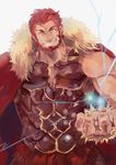  armor beard cape electricity facial_hair fate/zero fate_(series) kuro_(greenhorn) male_focus muscle red_eyes red_hair rider_(fate/zero) solo 
