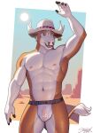 anthro bovid bovine brown_body brown_fur cattle clothed clothing cowboy_hat desert ear_tag flaccid front_view fur genitals hair hat headgear headwear hi_res horn humanoid_genitalia humanoid_penis jockstrap jockstrap_only male mammal muscular muscular_anthro muscular_male nipples outside penis sigma_x sky solo standing sun tail tail_tuft topless translucent translucent_clothing tuft underwear underwear_only white_body white_fur white_hair