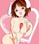  animal_ears areolae between_breasts blush breasts brown_hair bunny_ears carrot heart heart_background inaba_tewi large_breasts nipples nude older open_mouth red_eyes reri revision short_hair solo teenage touhou v_arms 