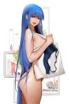  1girl absurdres blue_bra blue_eyes blue_hair bra breasts highres hu_dako large_breasts lips long_hair looking_at_viewer open_mouth original solo sweat teeth underwear unworn_bra very_long_hair 