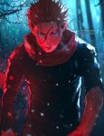  1boy blue_shirt forest itadori_yuuji jujutsu_kaisen looking_at_viewer nature pink_hair red_light shirt snow torn_sleeve tree trubwlsum walking 