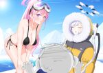  1boy 2girls :o absurdres bare_arms bare_shoulders bent_over bikini black_bikini black_hair blue_archive blush breasts cleavage coat collarbone day doodle_sensei_(blue_archive) dot_nose eimi_(blue_archive) eimi_(swimsuit)_(blue_archive) fur-trimmed_coat fur_trim glacier goggles goggles_on_head halo hands_on_own_knees highres himari_(blue_archive) large_breasts long_hair long_sleeves looking_at_viewer mole mole_under_eye multiple_girls ocean official_alternate_costume open_mouth outdoors pink_eyes pink_halo ponytail purple_eyes rkgk_ojisan sensei_(blue_archive) side-tie_bikini_bottom sideboob sidelocks ski_goggles sun swimsuit 