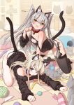  2girls amatsukaze_(kancolle) animal_ears bare_shoulders blonde_hair blush breasts brown_eyes cat cat_ears cat_tail collarbone commentary_request grey_eyes grey_hair highres kantai_collection long_hair long_sleeves looking_at_viewer multiple_girls nyan open_mouth romaji_text shimakaze_(kancolle) tail takanashi_kei_(hitsujikan) thighhighs thighs two_side_up 