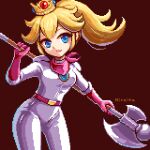 1girl axe bandana belt blonde_hair bodysuit brooch brown_background closed_mouth crown gloves hiroita holding holding_axe jewelry looking_at_viewer lowres mario_(series) pink_bandana pink_belt pink_gloves pixel_art ponytail princess_peach signature solo the_super_mario_bros._movie white_bodysuit 