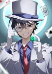  1boy ace_(playing_card) ace_of_hearts ace_of_spades black_hair blue_eyes blue_shirt card clenched_teeth collared_shirt commentary dress_shirt gem gloves green_gemstone hat heart highres index_finger_raised jacket kaitou_kid long_sleeves looking_at_viewer male_focus meitantei_conan monocle necktie playing_card red_necktie shirt short_hair slit_pupils solo spade_(shape) teeth top_hat tsukuno_tsuki white_gloves white_headwear white_jacket 