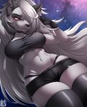 anthro biped bottomwear breasts canid canid_demon clothed clothing demon eyelashes female hair hellhound helluva_boss hi_res legwear long_hair looking_at_viewer loona_(helluva_boss) mammal panties pupils shorts sk3tchk4t solo thigh_highs underwear wide_hips