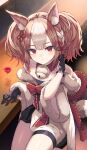  1girl absurdres animal_ear_fluff animal_ears bell black_dress black_gloves blush braid brown_hair commission cowboy_shot dress fox_ears fox_girl frown gloves hair_ribbon hand_up highres indoors looking_at_viewer multicolored_hair neck_bell red_eyes ribbon sekka_(shadowverse) shadowverse sitting skeb_commission solo stool streaked_hair thighs white_hair yamato_(muchuu_paradigm) 