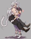  2girls blue_eyes bodysuit boots breasts brown_hair carrying commentary demon_horns dragon_ball dragon_ball_z english_commentary horns long_hair medium_breasts monkey_tail multiple_girls muscular muscular_female open_mouth original purple_bodysuit saiyan saiyan_armor smile spacey sweat tail tank_top white_footwear white_hair white_tank_top yuri 