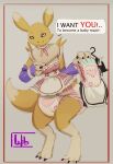 3_fingers ambiguous_gender anthro bandai_namco claws clothing dialogue diaper digimon digimon_(species) digitigrade fingerless_gloves fingers gesture gloves handwear hi_res holding_clothing holding_diaper holding_object looking_at_viewer maid_uniform pointing propaganda renamon smile solo speech_bubble touching_diaper uniform wob