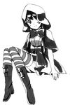  aoki_hagane_no_arpeggio boots greyscale hood long_hair maya_(aoki_hagane_no_arpeggio) mizuki_(mizuki_ame) monochrome personification solo striped striped_legwear thighhighs 