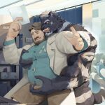 absurd_res anthro anthro_dominating_human beard big_dom_small_sub black_body black_fur bodily_fluids brown_hair bulge bulge_grab dark_(tigerballshow) dominant drooling duo facial_hair fangs felid fur hair hi_res holding_partner human human_on_anthro interspecies larger_anthro larger_male licking licking_lips male male/male mammal multicolored_body multicolored_fur musclegut muscular muscular_anthro muscular_human muscular_male mustache nude open_mouth pantherine pec_grab rcamerion saliva sharp_teeth size_difference smaller_human smaller_male striped_body striped_fur stripes submissive submissive_human submissive_male teeth tiger tongue tongue_out white_body white_fur