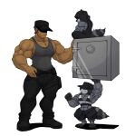 abs anthro biceps big_muscles clothing group hat headgear headwear hi_res human kheel male mammal manly muscular muscular_male pecs procyonid raccoon safe_(container) shirt simple_background tank_top tight_clothing topwear white_background