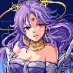  1girl blue_background breasts celine_jules cleavage closed_mouth elbow_gloves forehead_jewel gloves gold_necklace grey_gloves hiroita holding jewelry large_breasts looking_to_the_side lowres necklace pixel_art purple_hair purple_shirt red_eyes shirt signature smile solo star_ocean star_ocean_the_second_story upper_body 