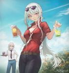  2girls ak-12_(girls&#039;_frontline) ak-12_(lucia)_(girls&#039;_frontline) alcohol an-94_(antje)_(girls&#039;_frontline) an-94_(girls&#039;_frontline) aqua_eyes aqua_pants artificial_eyes artist_name beer belt black_pants blonde_hair blue_necktie blush breasts brown_belt chinese_commentary cleavage closed_mouth cup eyewear_on_head feet_out_of_frame field flower flower_field gblamgo girls&#039;_frontline glowing glowing_eyes hand_on_own_hip highres holding holding_cup holding_tray lips long_hair looking_at_another looking_at_viewer medium_breasts multiple_girls necktie official_alternate_costume pants purple_eyes red_shirt shirt simple_background sleeves_rolled_up standing sunglasses tray white_hair white_necktie white_shirt 