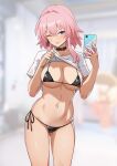 1girl ;p absurdres bikini black_bikini black_choker blue_eyes blurry blurry_background bonz_(bonz0616) breasts cellphone choker clothes_lift commentary_request cowboy_shot hands_up highres holding holding_phone honkai:_star_rail honkai_(series) large_breasts lifted_by_self looking_at_viewer march_7th_(honkai:_star_rail) medium_hair navel one_eye_closed phone pink_hair selfie shirt shirt_lift short_hair side-tie_bikini_bottom smartphone solo standing stomach swimsuit thighs tongue tongue_out white_shirt 