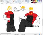 apron arm_hair body_hair bottomwear clothed clothing for_a_head fully_clothed humanoid kogito living_logo male mcdonald&#039;s microsoft_paint not_furry object_head pants red_eyes shirt sitting solo tight_clothing topwear uniform vein veiny_muscles