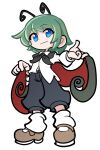  1girl antennae black_cape black_pants blue_eyes brown_footwear cape closed_mouth collared_shirt green_hair long_sleeves midriff_peek navel pants parody puyopuyo reverse_trap shinmon_akika shirt short_hair simple_background smile socks solo style_parody touhou white_background white_shirt white_socks wriggle_nightbug 