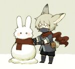  1boy ^_^ animal_ear_fluff animal_ears belt_pouch closed_eyes commentary_request fingerless_gloves gloves grey_hair hands_up happy male_focus maniani original pouch rabbit_ears rabbit_tail red_scarf scarf short_sleeves snow snowman solo standing tail yasuke_(maniani) 
