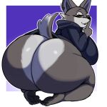 anthro big_butt biped breasts butt canid canine clothed clothing feet female fur grey_body grey_fur hi_res huge_butt inuzu kneeling looking_back mammal no_underwear pupils smile solo teeth thick_thighs zhen_(kung_fu_panda)