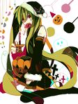  bad_id bad_pixiv_id candle candy cyawa detached_sleeves food green_hair halloween hat hatsune_miku jack-o'-lantern lollipop long_hair mouth_hold sitting skirt solo thighhighs twintails very_long_hair vocaloid 