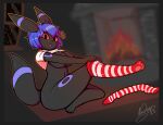 2023 anthro black_body black_fur blue_hair breasts candy_cane_stocking canid canine clothed clothing colored digital_drawing_(artwork) digital_media_(artwork) eeveelution female fireplace fur generation_2_pokemon hair hi_res humanoid legwear looking_at_viewer mammal nachan nintendo nipples open_mouth pokemon pokemon_(species) shaded signature snow snowing_outside solo stockings surprised_expression tail umbreon window