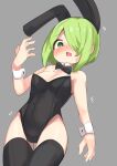  1girl @_@ animal_ears bare_shoulders black_bow black_bowtie black_leotard black_thighhighs blush bow bowtie breasts cleavage collar covered_navel detached_collar fake_animal_ears green_eyes green_hair grey_background hair_over_one_eye hand_up leotard looking_at_viewer magia_record:_mahou_shoujo_madoka_magica_gaiden mahou_shoujo_madoka_magica mikagami_jun miyabi_shigure nose_blush open_mouth playboy_bunny rabbit_ears short_hair simple_background small_breasts solo strapless strapless_leotard sweat thighhighs virtual_youtuber white_collar wing_collar wrist_cuffs 