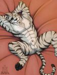 anthro balls butt claws elbestia exhibitionism eye_patch eyewear fangs felid genitals herzog_silverfang hi_res lying male mammal manly nude on_back pantherine pawpads paws penis pose seductive sexy_eyes slightly_muscular solo stripes tail teeth tiger
