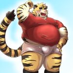 2023 anthro blush bottomwear clothing felid hi_res humanoid_hands kemono male mammal mohumohudansi overweight overweight_male pantherine pink_nose rugby rugby_uniform shirt shorts simple_background solo tiger topwear