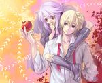  1girl apple blonde_hair boots bream-tan carrying food fruit hand_to_own_mouth holding holding_food holding_fruit original piggyback purple_eyes purple_hair red_eyes shirt white_shirt wings 